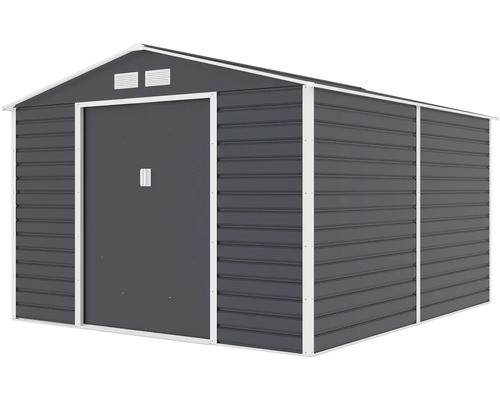 Kovový záhradný domček so sedlovou strechou, posuvnými dverami a vetracími otvormi, antracit s bielym rámom.