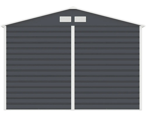 Zadný pohľad na kovový záhradný domček so sedlovou strechou, vetracími mriežkami a bielym rámom.