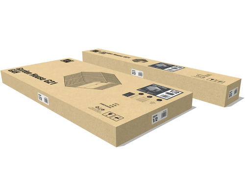 Dve kartónové krabice pre záhradný domček GAH Garden House G21, očíslované jedna z dvoch a dve z dvoch.