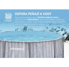 Nadzemný bazén Marimex s dekorom dreva a informáciami o úspore vody a peňazí vďaka vonkajšiemu zazimovaniu v zasneženej krajine.