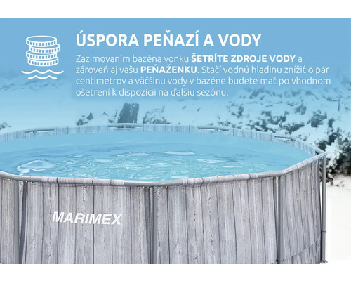 Nadzemný bazén Marimex s dekorom dreva a informáciami o úspore vody a peňazí vďaka vonkajšiemu zazimovaniu v zasneženej krajine.