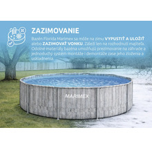 Okrúhly bazén Marimex Florida s dekórom dreva a Marimex Logo v záhrade, vhodný na zazimovanie vonku, zobrazený na tráve a snehu.