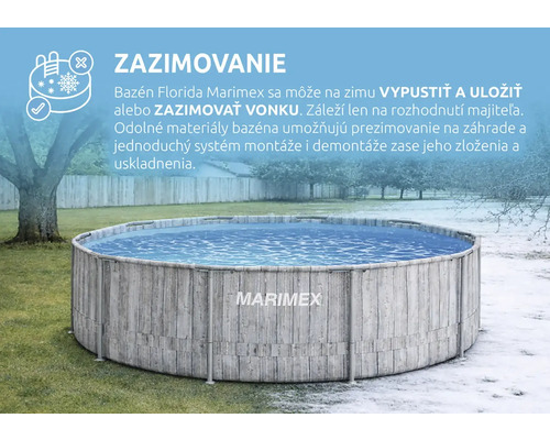 Okrúhly bazén Marimex Florida s dekórom dreva a Marimex Logo v záhrade, vhodný na zazimovanie vonku, zobrazený na tráve a snehu.