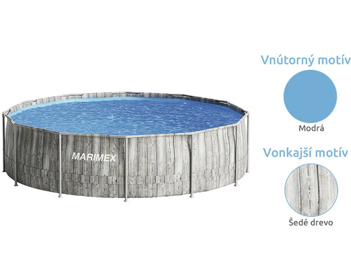 Nadzemný bazén Marimex s konštrukciou, okrúhly, vonkajšia strana v dekore sivého dreva a modré vnútro.