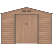 Kovový záhradný domček v dekore dreva so sedlovou strechou a dvojitými posuvnými dverami.