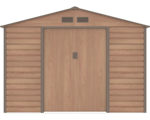 Kovový záhradný domček v dekore dreva so sedlovou strechou a dvojitými posuvnými dverami.