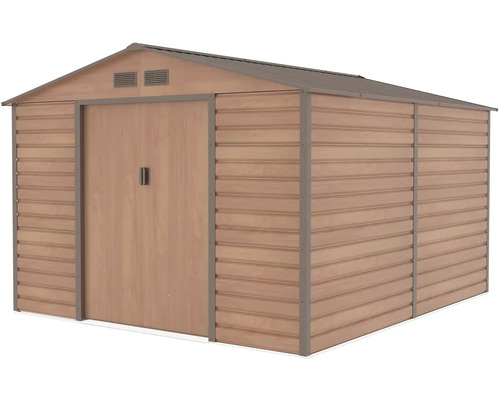 Kovový záhradný domček vo vzhľade dreva s dvojkrídlovými dverami a sedlovou strechou.