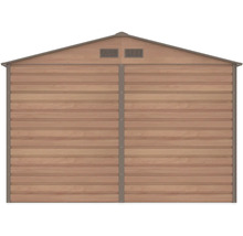 Kovový záhradný domček v dekore dreva, pohľad zozadu so sedlovou strechou a dvoma ventilačnými otvormi v štíte.