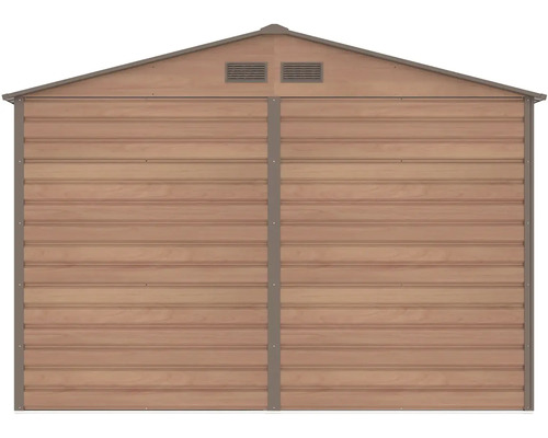 Kovový záhradný domček v dekore dreva, pohľad zozadu so sedlovou strechou a dvoma ventilačnými otvormi v štíte.