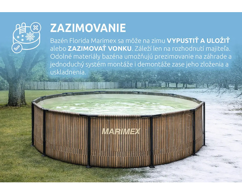 Nadzemný bazén Marimex Florida s dreveným dekorom v záhrade, zobrazený v letnom aj zimnom období s informáciami o zazimovaní vonku.