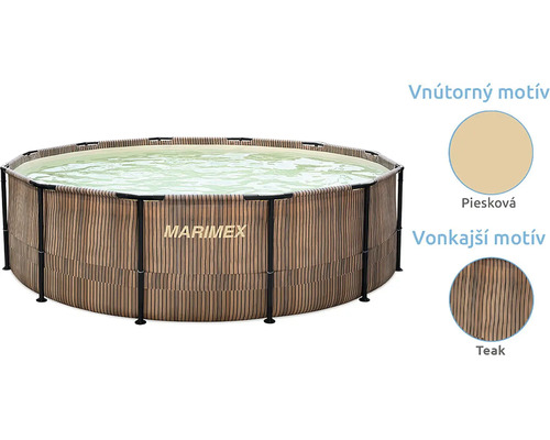 Kruhový bazén Marimex s kovovým rámom, vonkajšia stena v dekore teak a vnútorná piesková fólia.