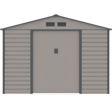 Šedý kovový záhradný domček so sedlovou strechou, dvojkrídlovými dverami a vetracími otvormi.