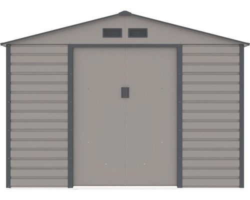 Šedý kovový záhradný domček so sedlovou strechou, dvojkrídlovými dverami a vetracími otvormi.