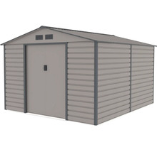 Sivý kovový záhradný domček so sedlovou strechou, dvojitými posuvnými dverami a vetracími otvormi.