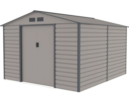 Sivý kovový záhradný domček so sedlovou strechou, dvojitými posuvnými dverami a vetracími otvormi.