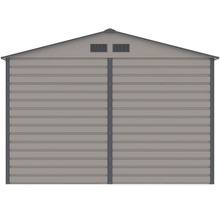 Kovový záhradný domček so sedlovou strechou a vetracími otvormi.