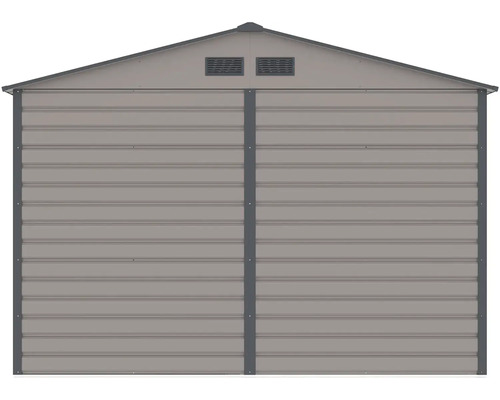 Kovový záhradný domček so sedlovou strechou a vetracími otvormi.