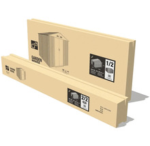 Dve kartónové krabice značky G21 pre záhradný domček, označené ako časť jedna z dvoch a časť dve z dvoch.