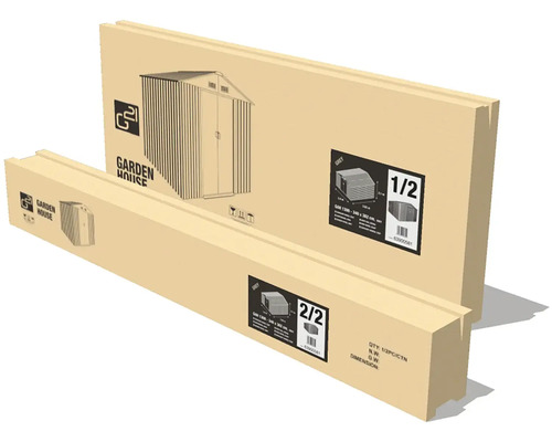 Dve kartónové krabice značky G21 pre záhradný domček, označené ako časť jedna z dvoch a časť dve z dvoch.