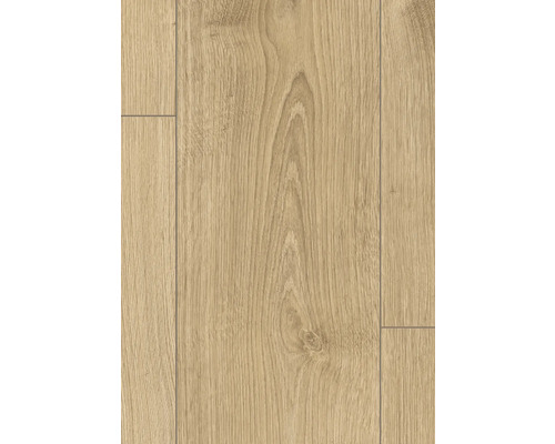 Laminátová podlaha vo vzhľade svetlého duba s prírodnou štruktúrou a uzlami.