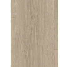 Laminátová podlaha so štruktúrou dubového dreva a viditeľnou hrčou.