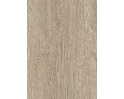 Laminátová podlaha so štruktúrou dubového dreva a viditeľnou hrčou.