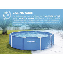 Okrúhly modrý nadzemný bazén Marimex Florida s bielym rámom na záhrade, zobrazený v letnej a zimnej scéne pre znázornenie odolnosti voči mrazu.