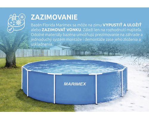 Okrúhly modrý nadzemný bazén Marimex Florida s bielym rámom na záhrade, zobrazený v letnej a zimnej scéne pre znázornenie odolnosti voči mrazu.