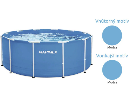 Kruhový bazén s konštrukciou Marimex s modrým vnútorným a vonkajším motívom.