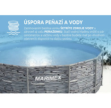 Marimex Logo na nadzemnom bazéne v dekore kameňa v zime so symbolom pre úsporu a informáciami o úspore peňazí a vody.