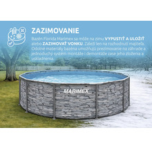 Bazén Marimex Florida s motívom kameňa, zobrazený v letnej a zimnej krajine s informáciami o možnostiach zazimovania.