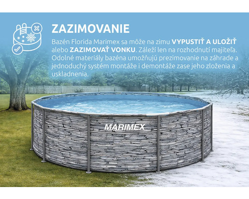 Bazén Marimex Florida s motívom kameňa, zobrazený v letnej a zimnej krajine s informáciami o možnostiach zazimovania.