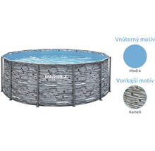 Okrúhly bazén Marimex s rámovou konštrukciou, vonkajšou stenou s motívom kameňa a modrou vnútornou fóliou.