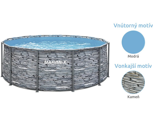 Okrúhly bazén Marimex s rámovou konštrukciou, vonkajšou stenou s motívom kameňa a modrou vnútornou fóliou.