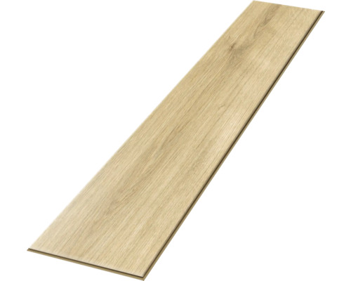 Jednotlivá podlahová lamela s dekorom dreva vo svetlom dube a štruktúrovaným povrchom pre podlahové krytiny.