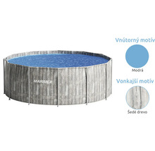 Okrúhly bazén s konštrukciou Marimex s vonkajším dekorom sivého dreva a modrou vnútornou fóliou.