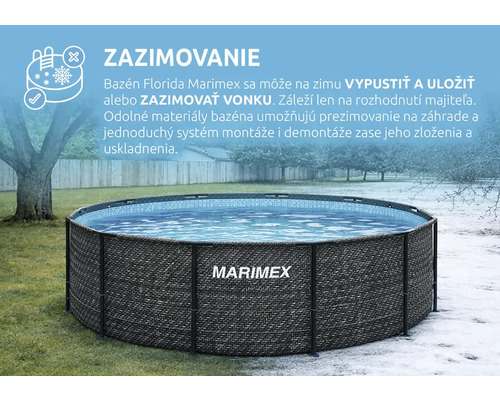 Rámový bazén Marimex Florida s ratanovým dekorom v záhrade, zobrazený v letnej a zimnej scéne pre ilustráciu možností zazimovania.