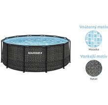 Okrúhly bazén Marimex s konštrukciou, vonkajším ratanovým dizajnom a vnútorným mozaikovým vzorom.