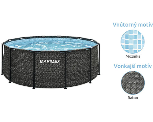 Okrúhly bazén Marimex s konštrukciou, vonkajším ratanovým dizajnom a vnútorným mozaikovým vzorom.
