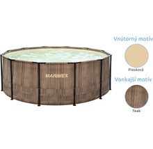 Nadzemný kruhový bazén Marimex s konštrukciou, vonkajší dekor teak a vnútorný pieskový motív.