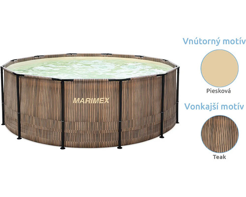 Nadzemný kruhový bazén Marimex s konštrukciou, vonkajší dekor teak a vnútorný pieskový motív.
