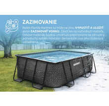 Obdĺžnikový rámový bazén Marimex Florida s ratanovým vzorom, vhodný na prezimovanie vonku, zobrazený v záhrade so snehom a trávou.