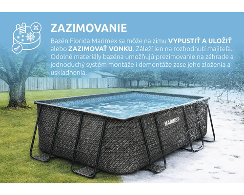 Obdĺžnikový rámový bazén Marimex Florida s ratanovým vzorom, vhodný na prezimovanie vonku, zobrazený v záhrade so snehom a trávou.