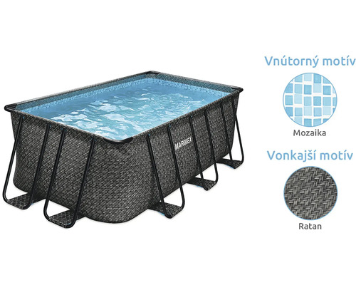 Obdĺžnikový rámový bazén Marimex s vonkajším ratanovým dekorom a vnútorným mozaikovým vzorom.