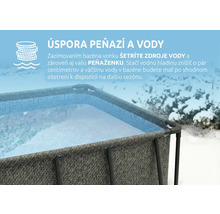 Nadzemný bazén v zasneženej záhrade s informáciami o úspore peňazí a vody vďaka správnemu zazimovaniu.