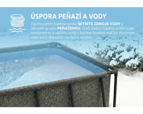 Nadzemný bazén v zasneženej záhrade s informáciami o úspore peňazí a vody vďaka správnemu zazimovaniu.