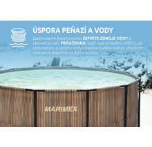 Nadzemný bazén Marimex v zimnej krajine so snehom. Informačný text o úspore vody a peňazí vďaka správnemu zazimovaniu.