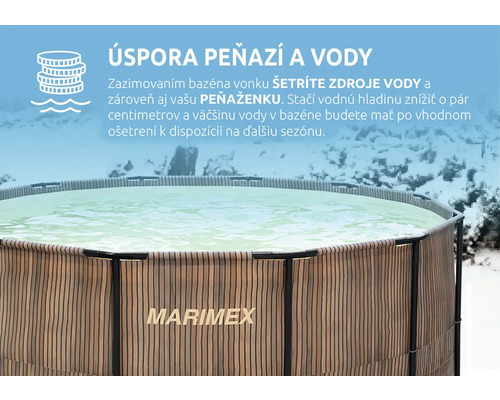 Nadzemný bazén Marimex v zimnej krajine so snehom. Informačný text o úspore vody a peňazí vďaka správnemu zazimovaniu.