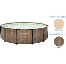 Okrúhly nadzemný bazén Marimex s vonkajším motívom teak a vnútornou pieskovou fóliou.