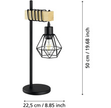 Stolná lampa z čierneho kovu s dreveným detailom a geometrickým drôteným tienidlom, výška 50 centimetrov, šírka 22,5 centimetrov.